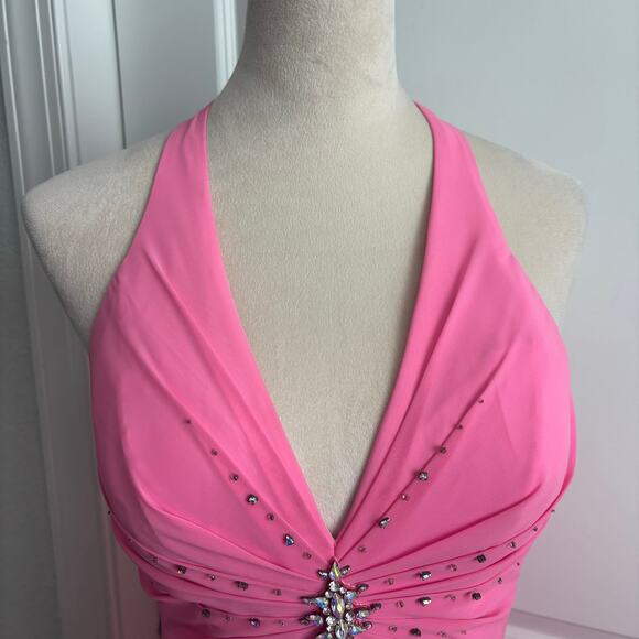 Flirt by Maggy Sottero Pink Formal Gown Halter Neck Prom Pink Beaded Y2K XS - Picture 14 of 16